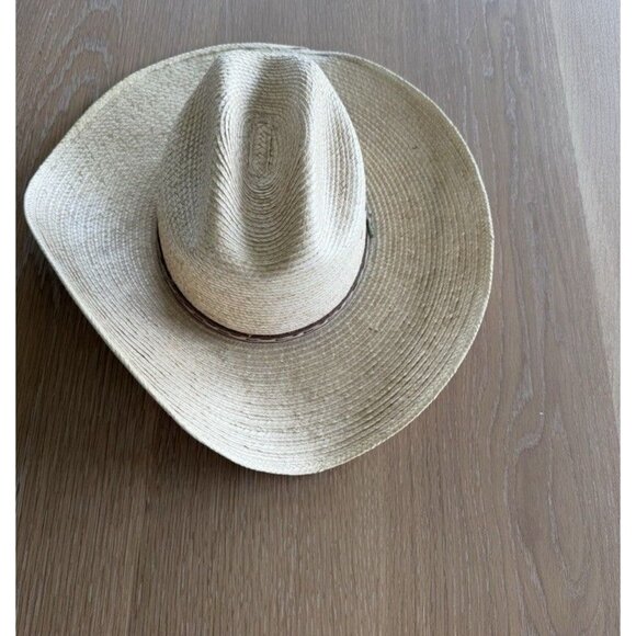 Alamo Hats Unisex Men’s Palm Natural Straw Western Hat Beige Tan Leather Horns - Picture 4 of 7